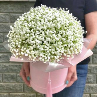 13 белых гипсофил в шляпной коробке